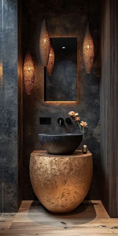 a bathroom with a sink, mirror and lights