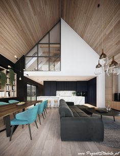 a living room filled with furniture next to a wooden ceiling