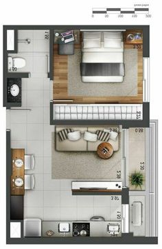 an overhead view of a living room, bedroom and bathroom area in one floor plan