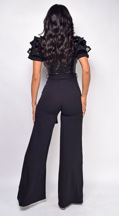 Jumpsuit V neckline Sequin cap sleeves Ruffle Wide leg Waist tie belt Back zipper closure Model is wearing size Small Red Sequin Jumpsuit, Red Lace Jumpsuit, Black Sequin Jumpsuit, Black Lace Jumpsuit, Leopard Print Jumpsuit, Sequin Jumpsuit, Lace Jumpsuit, Red Sequin, Green Lace