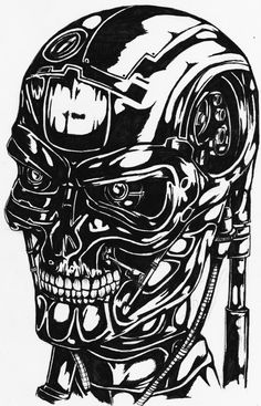 a black and white drawing of a skull wearing a helmet with goggles on it