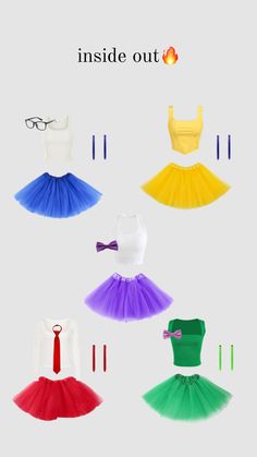 four different colored tutu skirts and dresses with text inside out on the bottom right corner