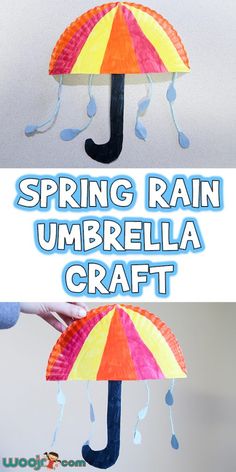 an umbrella made out of paper is shown with the words spring rain umbrella craft on it