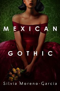 a woman in a red dress is sitting down with her hands on her knees and the words mexican gothic