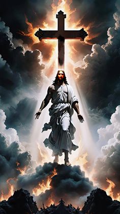 jesus on the cross surrounded by clouds and sun beams with his arms spread wide open