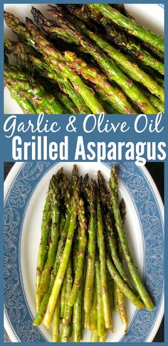 garlic and olive oil grilled asparagus on a plate with text overlay