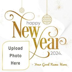 a happy new year greeting card with ornaments on the front and back of it, in gold