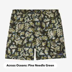 Patagonia ASPN Across Oceans Pine Needle Green Baggies 5" Shorts are made to be worn in and out of the water and are made of quick drying NetPlus 100% postconsumer recycled nylon made from recycled fishing nets to help reduce ocean pollution. Inseam is 5" and fair trade certified sewn.CAREMachine wash BRAND FACTSPatagonia grew out of a small company that made tools for climbers. Alpinism remains at the heart of a business that still makes clothes for climbing – as well as for skiing, snowboardin Ocean Plastic Pollution, Patagonia Baggies, Ocean Pollution, Fishing Nets, Plastic Pollution, Pine Needles, Designer Shorts, Swimwear Sale, Rain Wear