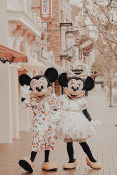 two mickey and minnie mouse characters standing in the street