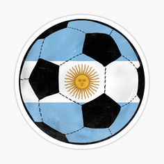 a soccer ball with the flag of argentina on it sticker is shown in black, white and blue