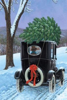 an old - fashioned car with a christmas tree on the back is parked in the snow