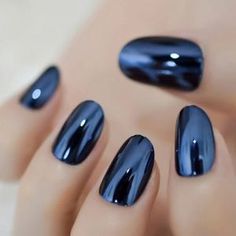 Other | 24 Metallic Press On Nails Reflective Shiny Mirror | Poshmark Metalic Blue Nails Gel, Metallic Navy Blue Nails, Blue Mirror Nails, Mirror Fake, Metallic Blue Nails, Nails Oval, Wide Nails, Chrome Nails Designs, Mirror Nails