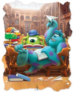 monsters are sitting at a table with books and papers in front of them, one is reading