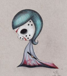 a drawing of a girl with blue hair and a mask