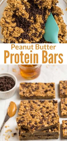 peanut butter protein bars are stacked on top of each other and ready to be eaten