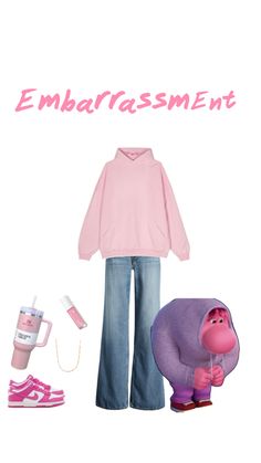 a pink sweater, jeans and sneakers with the words embarrassment on it