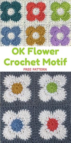 the crochet flower motif is shown in different colors and sizes, with text overlay