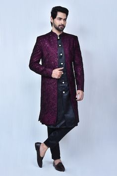 Buy Off White Matka Silk Sherwani Set For Men by Siddartha Tytler Online at Aza Fashions. Black Sherwani, Embroidered Sherwani, Rohit Bal, Sequin Embroidery, Pattern Embroidery, Black Thread, Sequins Embroidery