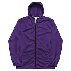 This lightweight windbreaker ensures maximum comfort on windy, rainy, and sunny days, thanks to the water-resistant fabric and breathable mesh lining. The windbreaker has an effortless look that will fit different styles and can be easily layered with long and short sleeve shirts.  * 100% polyester * Fabric weight: 2.21 oz/yd² (75 g/m²) * Lightweight, water-resistant fabric * Breathable mesh lining, reduces static * Regular fit * Elastic cuffs * Hood and side pockets * Zippable front * Blank pro Purple Hooded Windbreaker With Pockets, Purple Streetwear Windbreaker With Pockets, Stretch Long Sleeve Moisture-wicking Windbreaker, Purple Nylon Long Sleeve Windbreaker, Blue Moisture-wicking Hooded Windbreaker, Water Resistant Fabric, Sunny Days, Short Sleeve Shirt, Different Styles