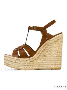 Lasaky - Womens Brown Woven T-Strap Wedge Sandals with Platform and Premium PU Material Summer T-strap Wedge Sandals, Brown T-strap Wedge Sandals For Summer, Summer T-strap Platform Sandals, Brown T-strap Heels For Summer, Brown Summer Wedge Sandals With Buckle Closure, Brown T-strap Wedge Sandals For The Beach, Spring T-strap Wedge Sandals With Buckle Closure, Summer T-strap Wedge Sandals With Heel Loop, Spring T-strap Platform Wedge Sandals