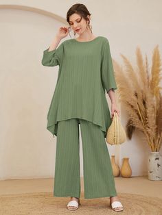 Green Casual  Three Quarter Length Sleeve Polyester Plain  Embellished Non-Stretch Spring/Fall Women Co-ords Western Co Ords For Women, Co Rd Sets For Women Western, Women 2 Piece Outfit, 2 Piece Pants Outfit Women, Solid Coord Sets Women, Coord Set Designs For Women, Plain Coord Sets For Women, Cords Sets For Women, Western Coord Sets For Women