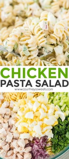 chicken pasta salad in a glass bowl with text overlay