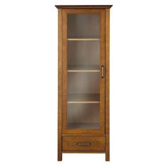 a tall wooden cabinet with glass doors on the front and bottom shelves, against a white background