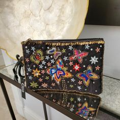 Embellished Satin Clutch Wristlet 10" Width 7" Height Zippered Aged Brass Accents Beautifully Multi Beaded And Embroidery Work Colorful Yet Elegant For Formal Events. Strapped For Easy Carry. Interior Lined Black Handheld Pouch For Party, Party Multicolor Clutch With Removable Pouch, Embellished Clutch For Everyday Use, Multicolor Party Clutch With Removable Pouch, Beaded Rectangular Pouch, Black Beaded Pouch Clutch, Handheld Evening Pouch With Zipper, Black Party Bag With Zipper Pouch, Handheld Evening Zipper Pouch