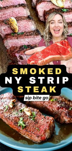 Traeger smoked NY strip recipe photos medium rare with text overlay and Sip Bite Go food blogger New York Steak Recipe, Ny Strip Steak Recipes, Striploin Steak, Ny Steak, Beef Loin, New York Strip Steak, Strip Steak Recipe, New York Strip