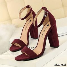 Olivia Mark - Stylish High Heel Sandals with Chunky Buckle Detail, Perfect for Pairing with Dresses Dark Red High Heels, Dark Red Heels, Burgundy Dress Shoes, Block Heels Wedding, High Heels Classy, Red High Heels, Red High, Red Heels, Dress And Heels