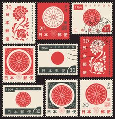 stamps with different designs on them, including flowers and fruit in the middle one has chinese characters