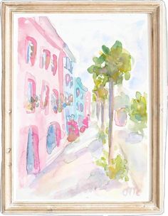 a watercolor painting of a street with buildings and trees on the side, in front of a white frame