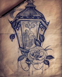 an old school tattoo design with a rose and a lamp on it's side