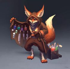 an animal dressed up as a wizard with lots of stuff in it's hands