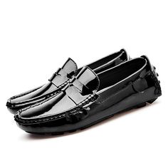 Casual Leather Shoes With Round Toe For Party, Black Summer Party Loafers, Casual Patent Leather Loafers With Rubber Sole, Casual Patent Leather Loafers With Round Toe, Casual Party Loafers With Leather Sole, Casual Leather Loafers For Parties, Casual Party Loafers With Round Toe, Casual Slip-on Loafers For Party, Party Slip-on Loafers With Rubber Sole