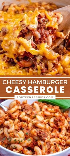 cheesy hamburger casserole in a white bowl with a wooden serving spoon