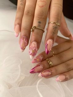 chrome, 3d gel flower, almond nails, acrylic 3d Abstract Nail Art, 3d Almond Nail Designs, Almond 3d Nails, Chrome Nails With Flowers, Almond Nails With Chrome, Almond Flower Nails, Flower Almond Nails, 3d Nail Designs Acrylics, 3d Gel Nail Art