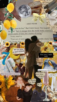 an altered collage with yellow and white flowers, lemons, people's hands holding each other