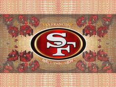 the san francisco football team logo on a wallpaper background with red and gold flowers