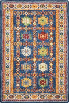 a blue and yellow rug with many different colored designs on it's borders