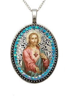 Vintage Sacred Heart of Jesus Christ - Necklace . I created this unique and meaningful necklace designs in honor of the Sacred Heart of Jesus. Express your faith and devotion with this Handmade Necklace, it's a very powerful piece and a true gift for yourself or someone special. . Created With: Beautiful 57x37mm pendant with the image of Sacred Heart of Jesus adorned with white; green; pink or blue rhinestones (see options). This necklace comes with a stainless steel chain. Materials: Stainless Heart-shaped Miraculous Medal Jewelry Gift, Heart Shaped Miraculous Medal Jewelry Gift, Catholic Journaling, Handmade Locket Necklace, Christ Necklace, Vintage Sacred Heart, Medal Jewelry, The Sacred Heart Of Jesus, Meaningful Necklace