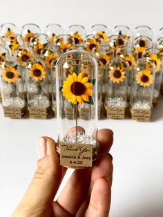 a hand holding a tiny vase with a sunflower in it and small bottles behind it