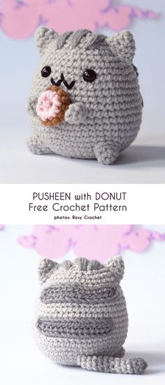 a crocheted stuffed animal with donut in it's mouth is shown