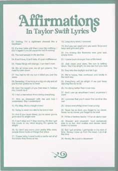 an information sheet for the affirmations in taylor swift lyrs's