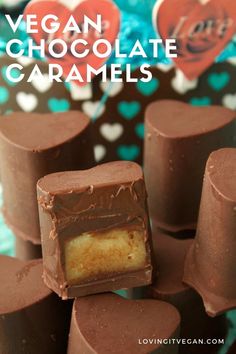 chocolate caramels stacked on top of each other with the words vegan chocolate caramels above them