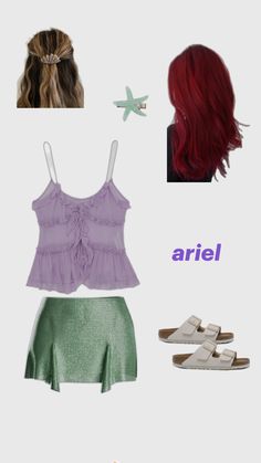 some different types of clothing and shoes with the words ariel on them in blue, green,