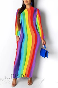 Fisdy - Elegante Vestido con Hombros Diagonales Estampado Multicolor para Personas a la Moda Rainbow Dress Women, Rainbow Clothing, Rainbow Dresses, Black Floor Length Dress, Rainbow Clothes, Stripes Dress, Rainbow Outfit, Rose Fashion, Rainbow Fashion