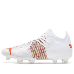 a white soccer shoe with multicolored stripes on the upper part of the shoe