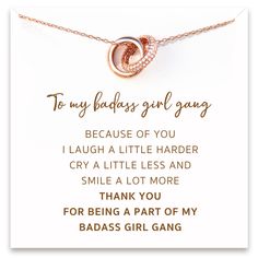 PRICES MAY VARY. CARD MESSAGE: "To my badass girl gang Because of you I laugh a little harder, cry a little less and smile a lot more. Thank you for being a part of my badass girl gang." It's the perfect gift for friend, sisters, bffs, and besties. PREMIUM QUALITY AT A FAIR PRICE: Story Jewellery best friend necklace is made from solid 925 sterling silver plated with 18K rose gold and AAA-grade cubic zirconia. It is made from the same top-quality materials as luxury brands, without the excessive Women Birthday Ideas, Womens Gift Ideas, Gift Ideas Best Friend, Circle Necklaces, Badass Girl, Double Circle Necklace, Best Friend Necklace, Message Cards, Friendship Necklace