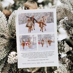 an ornament hanging from a christmas tree with pictures of people in the snow